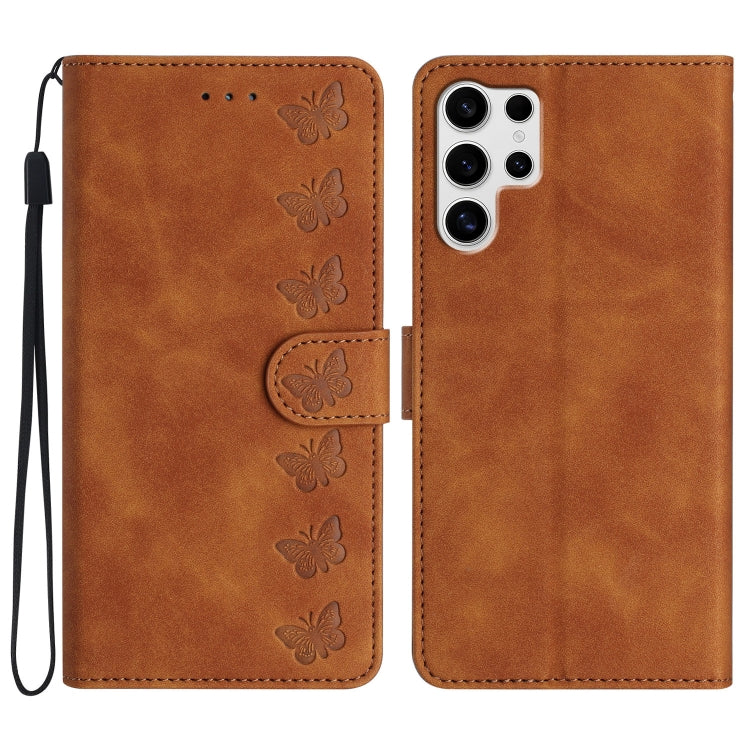 For Samsung Galaxy S25 Ultra 5G Seven Butterflies Embossed Leather Phone Case(Brown) - Galaxy S25 Ultra 5G Cases by buy2fix | Online Shopping UK | buy2fix