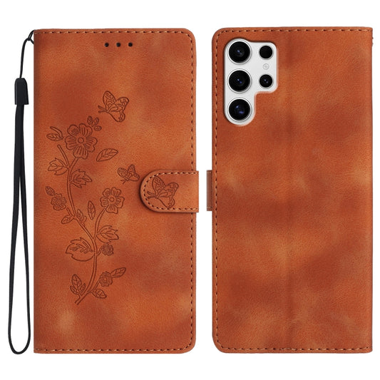 For Samsung Galaxy S25 Ultra 5G Flower Butterfly Embossing Pattern Leather Phone Case(Brown) - Galaxy S25 Ultra 5G Cases by buy2fix | Online Shopping UK | buy2fix