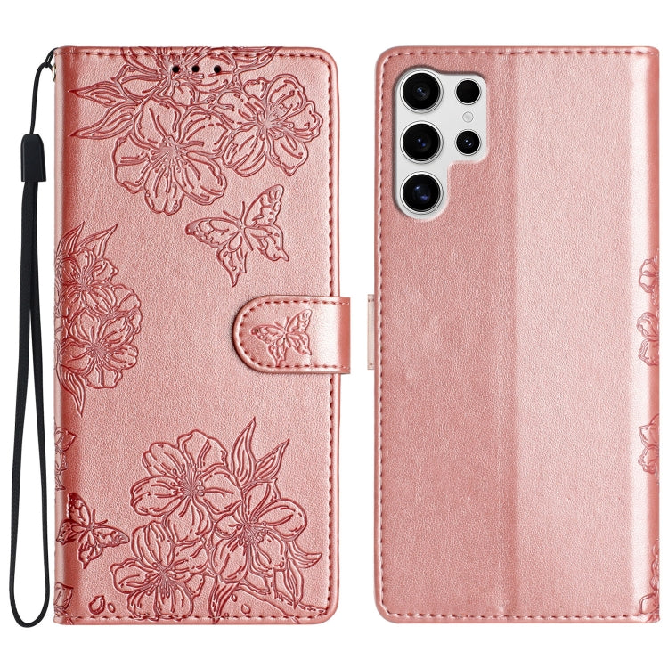 For Samsung Galaxy S25 Ultra 5G Cherry Blossom Butterfly Skin Feel Embossed PU Phone Case(Rose Gold) - Galaxy S25 Ultra 5G Cases by buy2fix | Online Shopping UK | buy2fix