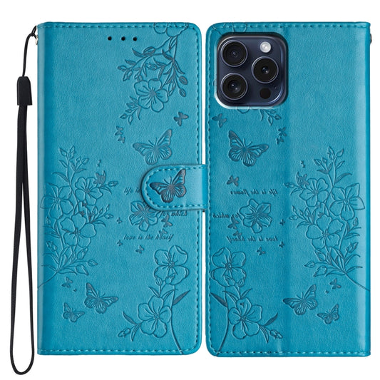 For iPhone 16 Pro Butterflies and Flowers Leather Phone Case(Blue) - iPhone 16 Pro Cases by buy2fix | Online Shopping UK | buy2fix