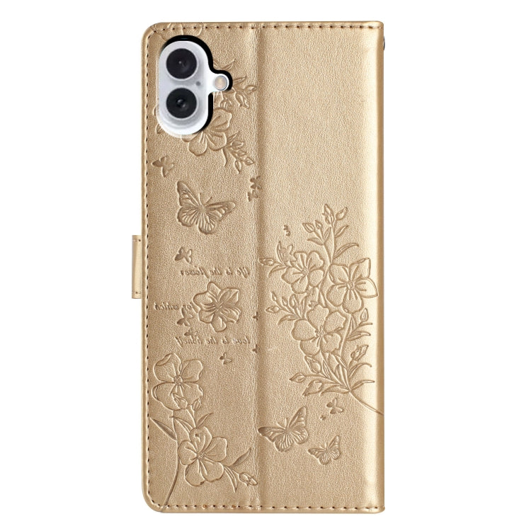 For iPhone 16 Butterflies and Flowers Leather Phone Case(Gold) - iPhone 16 Cases by buy2fix | Online Shopping UK | buy2fix