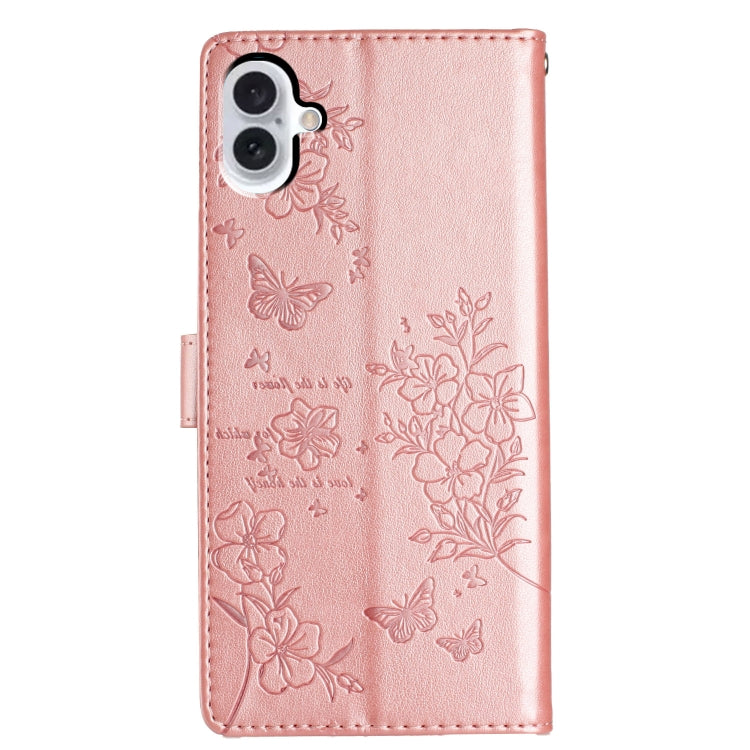 For iPhone 16 Butterflies and Flowers Leather Phone Case(Rose Gold) - iPhone 16 Cases by buy2fix | Online Shopping UK | buy2fix