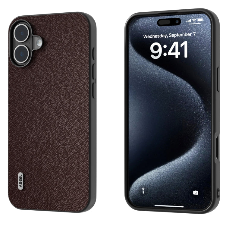 For iPhone 16 Plus ABEEL Black Frame Genuine Leather Elegant Phone Case(Coffee) - iPhone 16 Plus Cases by buy2fix | Online Shopping UK | buy2fix