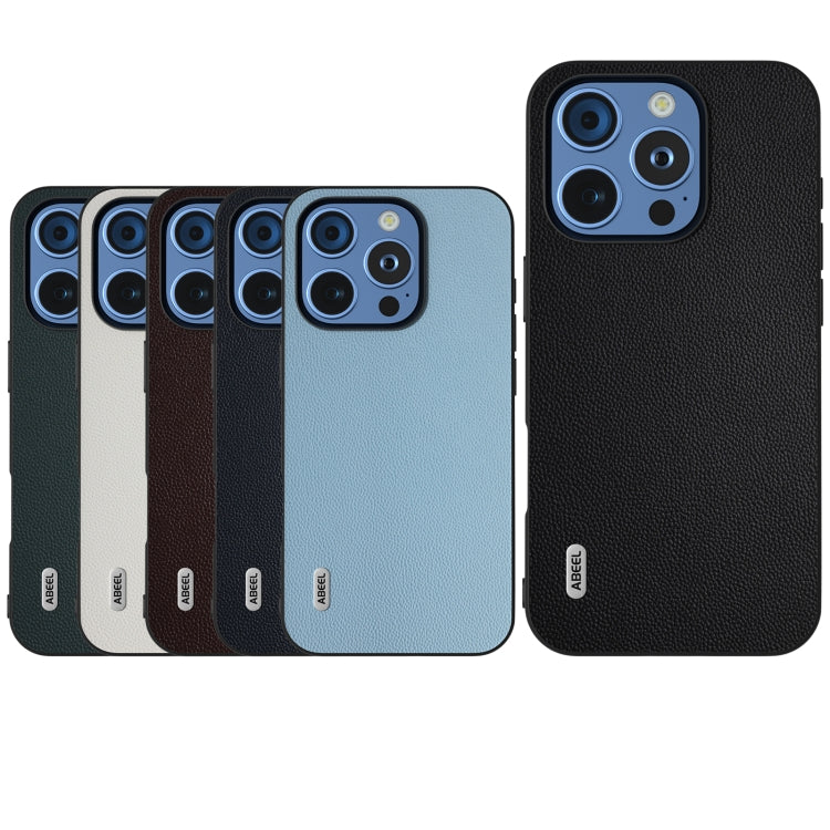 For iPhone 16 Pro ABEEL Black Frame Genuine Leather Elegant Phone Case(Sky Blue) - iPhone 16 Pro Cases by buy2fix | Online Shopping UK | buy2fix