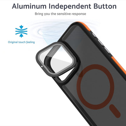 For iPhone 16 Magsafe Dual-Color Skin Feel Lens Film Phone Case with Lens Fold Holder(Orange) - iPhone 16 Cases by buy2fix | Online Shopping UK | buy2fix