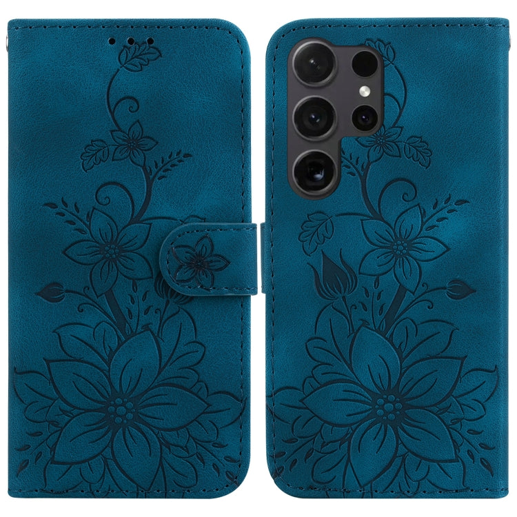 For Samsung Galaxy S25 Ultra 5G Lily Embossed Leather Phone Case(Dark Blue) - Galaxy S25 Ultra 5G Cases by buy2fix | Online Shopping UK | buy2fix