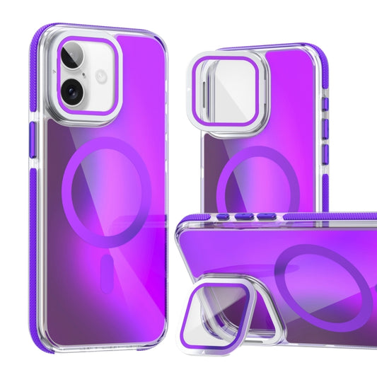 For iPhone 16 MagSafe Gradient Color Lens Film Phone Case with Lens Fold Holder(Purple) - iPhone 16 Cases by buy2fix | Online Shopping UK | buy2fix