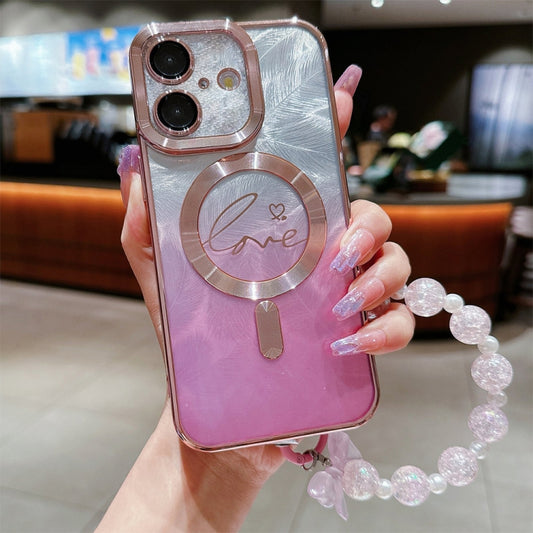 For iPhone 16 Plus Dual-Love Feather  Gradient Glitter Bracelets Magsafe TPU Phone Case(Pink) - iPhone 16 Plus Cases by buy2fix | Online Shopping UK | buy2fix