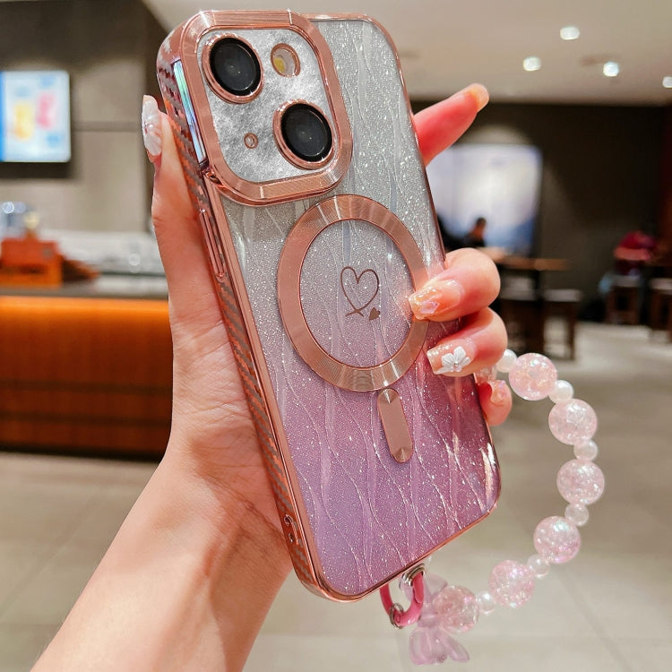 For iPhone 15 Loves Leaves Gradient Glitter Bracelets Carbon Fiber Magsafe TPU Phone Case(Pink) - iPhone 15 Cases by buy2fix | Online Shopping UK | buy2fix