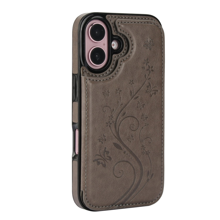 For iPhone 16 Plus Double Buckle Butterfly Embossing PU Phone Case(Grey) - iPhone 16 Plus Cases by buy2fix | Online Shopping UK | buy2fix