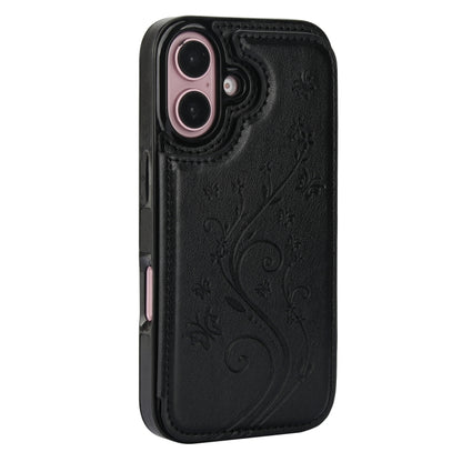 For iPhone 16 Double Buckle Butterfly Embossing PU Phone Case(Black) - iPhone 16 Cases by buy2fix | Online Shopping UK | buy2fix