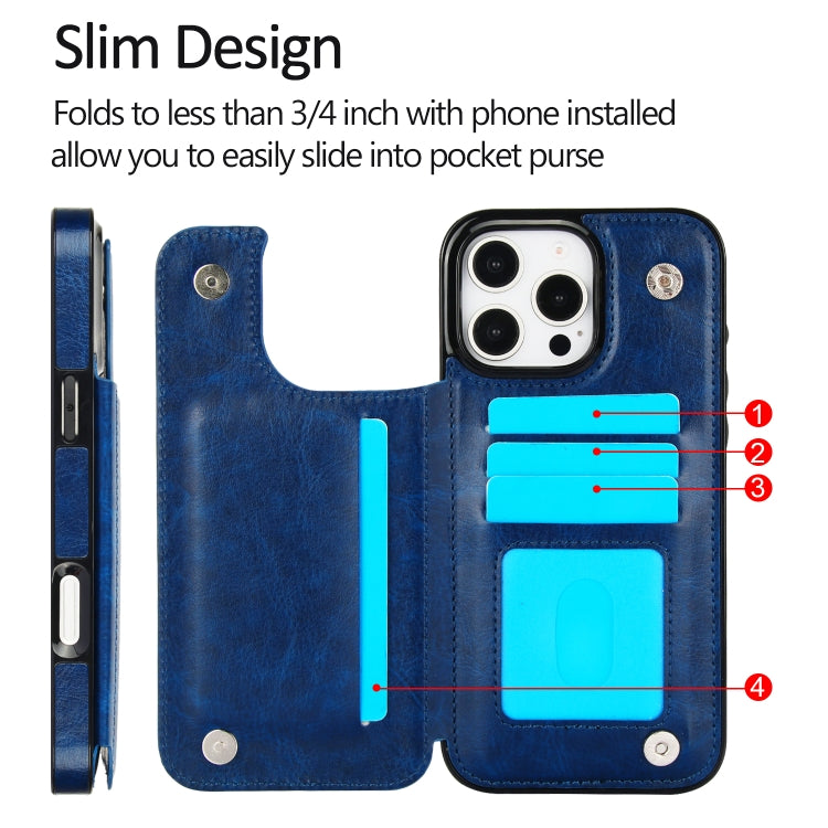 For iPhone 16 Pro Double Buckle Crazy Horse Texture PU Phone Case(Blue) - iPhone 16 Pro Cases by buy2fix | Online Shopping UK | buy2fix