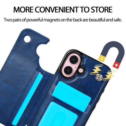 For iPhone 16 Double Buckle Crazy Horse Texture PU Phone Case(Blue) - iPhone 16 Cases by buy2fix | Online Shopping UK | buy2fix