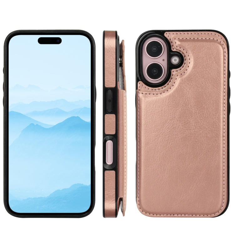 For iPhone 16 Double Buckle Crazy Horse Texture PU Phone Case(Rose Gold) - iPhone 16 Cases by buy2fix | Online Shopping UK | buy2fix