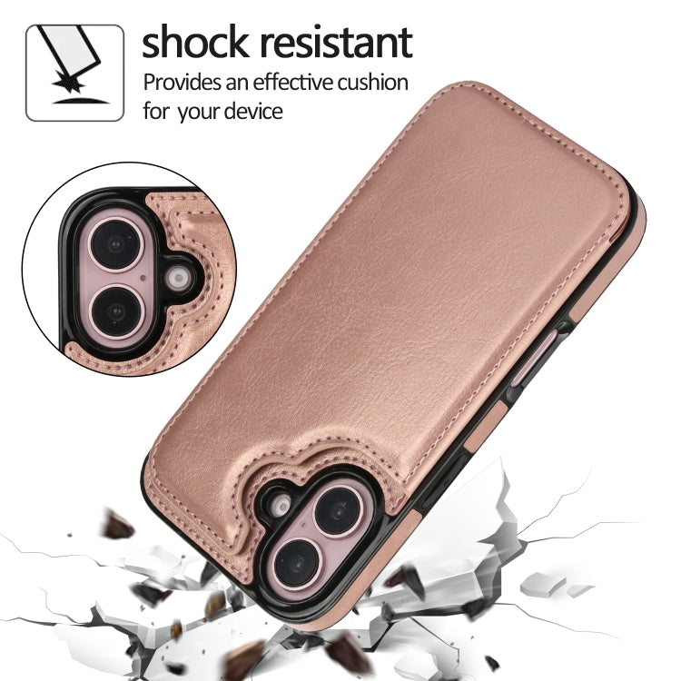 For iPhone 16 Double Buckle Crazy Horse Texture PU Phone Case(Rose Gold) - iPhone 16 Cases by buy2fix | Online Shopping UK | buy2fix