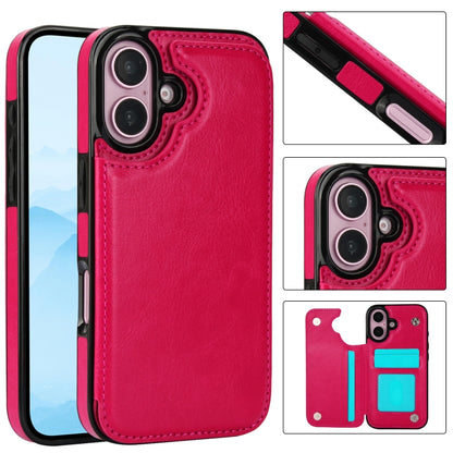 For iPhone 16 Double Buckle Crazy Horse Texture PU Phone Case(Rose Red) - iPhone 16 Cases by buy2fix | Online Shopping UK | buy2fix