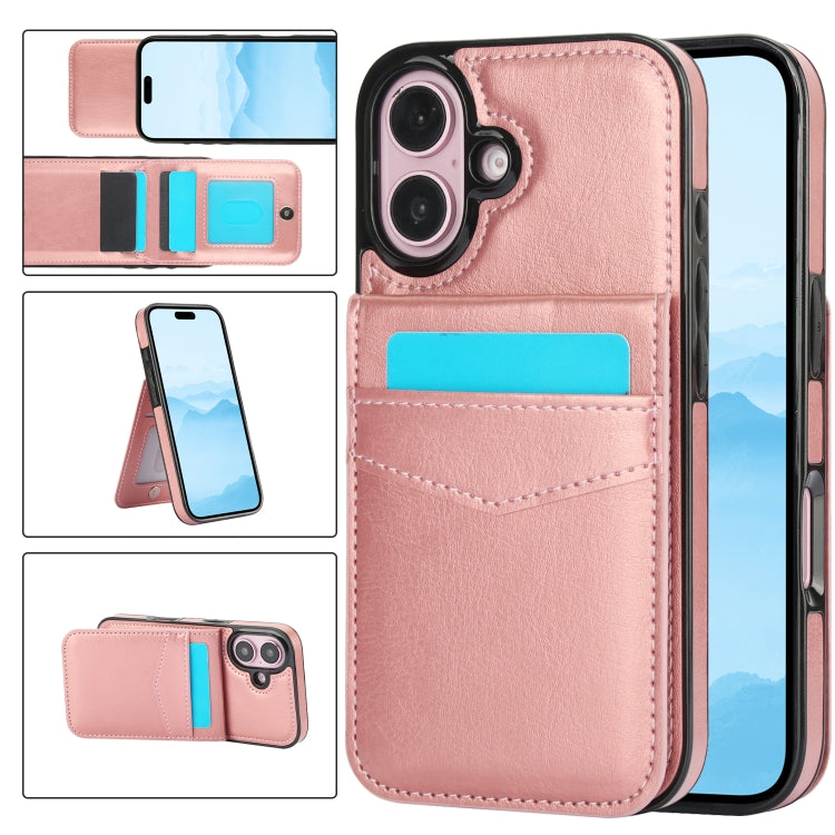 For iPhone 16 Plus Solid Color Card Slots Bracket PU Phone Case(Rose Gold) - iPhone 16 Plus Cases by buy2fix | Online Shopping UK | buy2fix