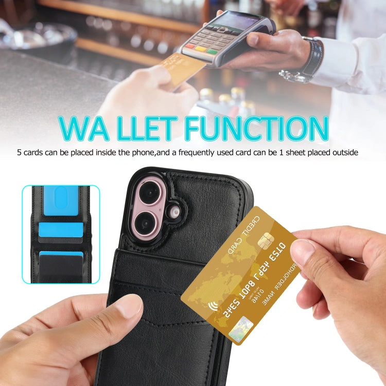 For iPhone 16 Solid Color Card Slots Bracket PU Phone Case(Black) - iPhone 16 Cases by buy2fix | Online Shopping UK | buy2fix