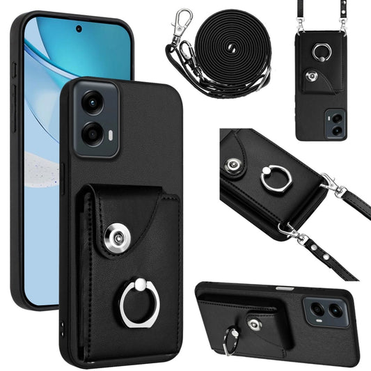 For Motorola Moto G 5G 2024 Organ Card Bag Ring Holder Phone Case with Long Lanyard(Black) - Motorola Cases by buy2fix | Online Shopping UK | buy2fix