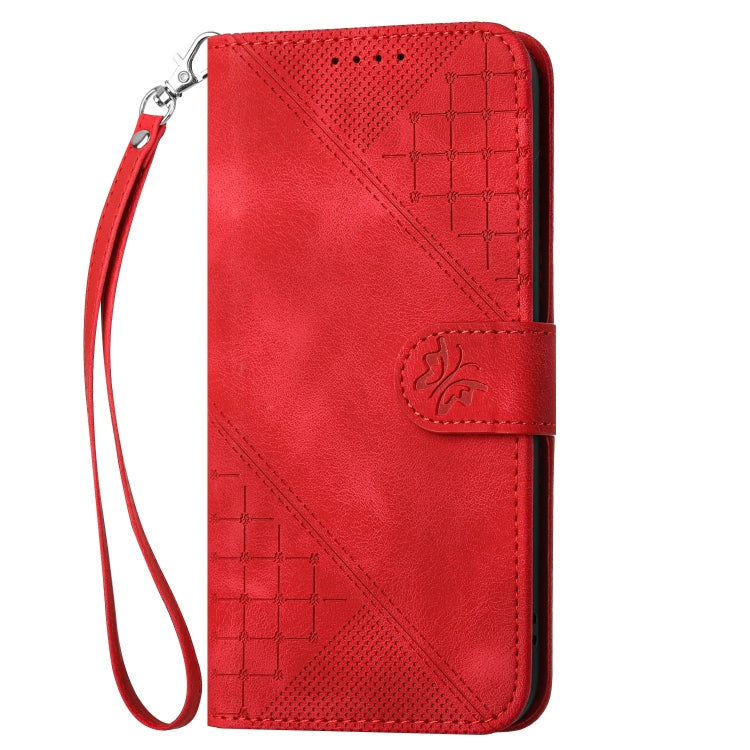 For Redmi K70 YX0080 Grid Butterfly Embossed Pattern Flip Leather Phone Case with Lanyard(Red) - K70 Cases by buy2fix | Online Shopping UK | buy2fix