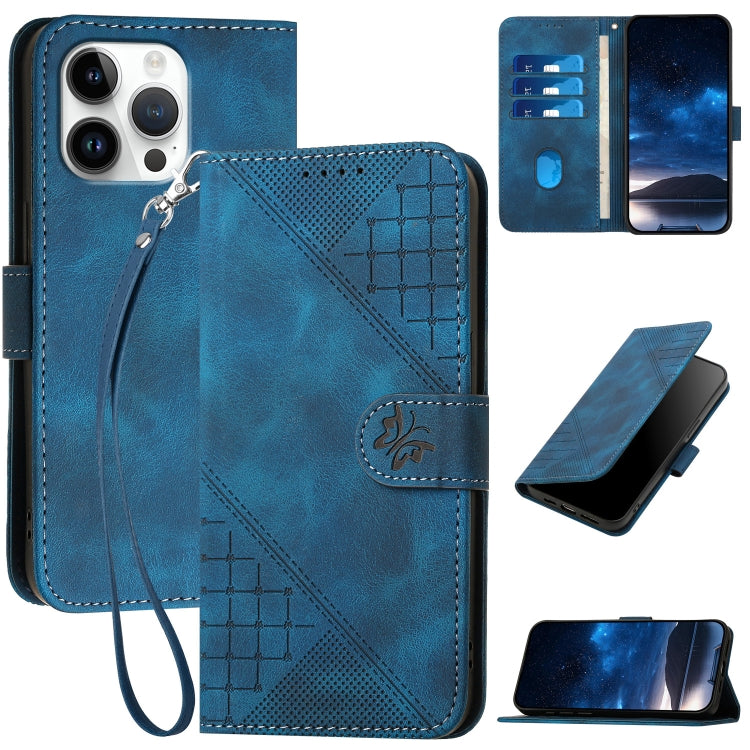 For iPhone 16 Pro Max YX0080 Grid Butterfly Embossed Pattern Flip Leather Phone Case with Lanyard(Dark Blue) - iPhone 16 Pro Max Cases by buy2fix | Online Shopping UK | buy2fix