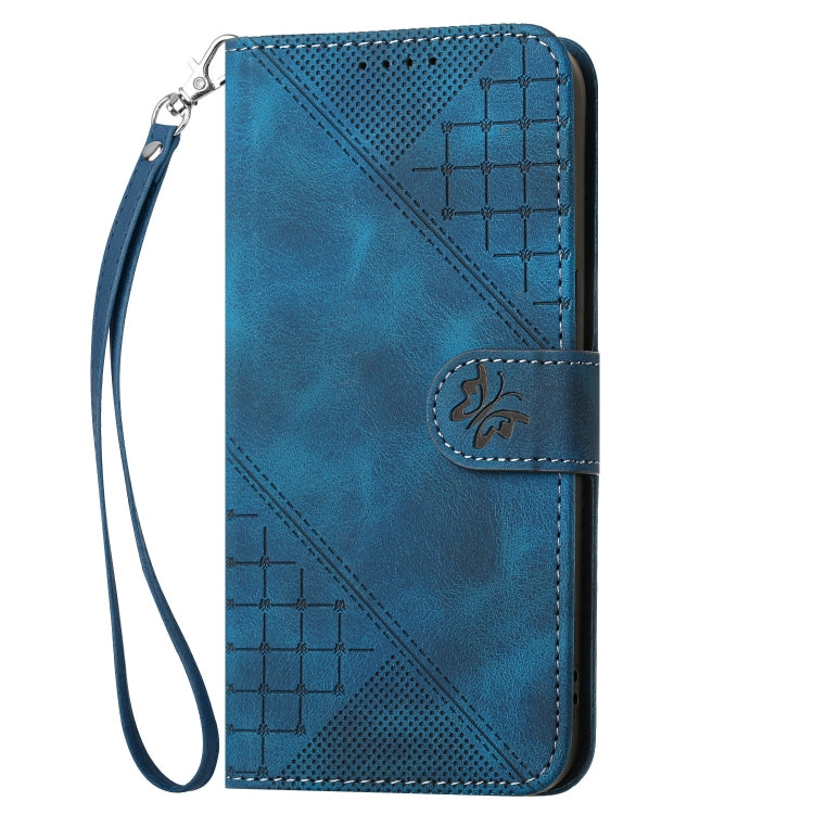 For iPhone 16 Pro Max YX0080 Grid Butterfly Embossed Pattern Flip Leather Phone Case with Lanyard(Dark Blue) - iPhone 16 Pro Max Cases by buy2fix | Online Shopping UK | buy2fix