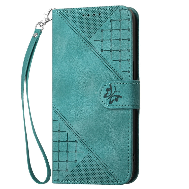 For iPhone 16 Pro Max YX0080 Grid Butterfly Embossed Pattern Flip Leather Phone Case with Lanyard(Light Blue) - iPhone 16 Pro Max Cases by buy2fix | Online Shopping UK | buy2fix