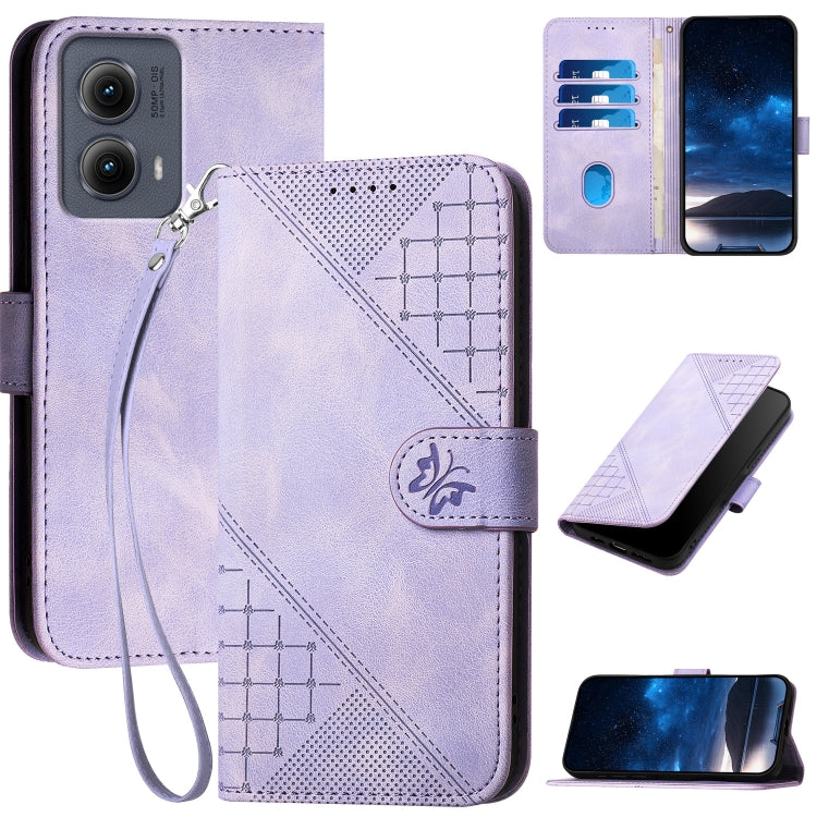 For Motorola Edge 2024 5G Global YX0080 Grid Butterfly Embossed Pattern Flip Leather Phone Case with Lanyard(Light Purple) - Motorola Cases by buy2fix | Online Shopping UK | buy2fix