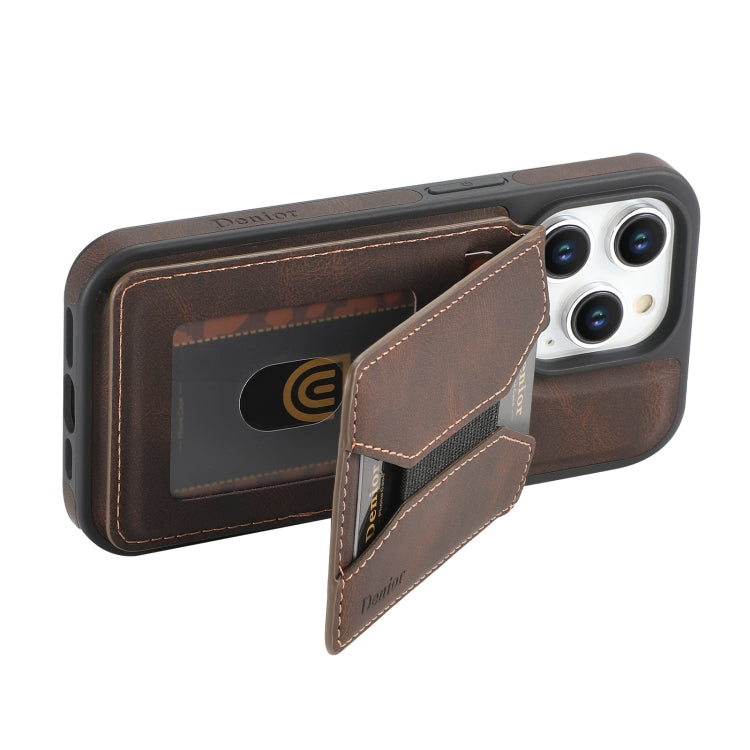 For iPhone 16 Pro Denior D18 Skin Feel Rotating Holder MagSafe Detachable Card Slot Phone Case(Brown) - iPhone 16 Pro Cases by Denior | Online Shopping UK | buy2fix