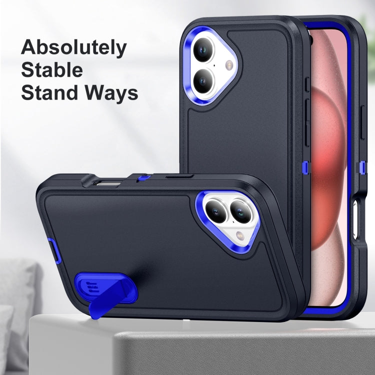 For iPhone 16 Rugged PC + Silicone Phone Case with Holder(Dark Blue+Royal Blue) - iPhone 16 Cases by buy2fix | Online Shopping UK | buy2fix