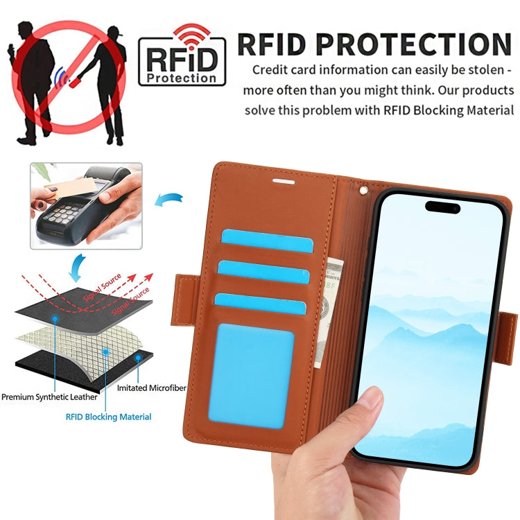 For iPhone 16 Side Buckle RFID Anti-theft Leather Phone Case(Brown) - iPhone 16 Cases by buy2fix | Online Shopping UK | buy2fix