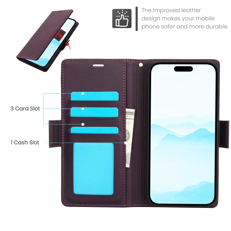 For iPhone 16 Plus Side Buckle RFID Anti-theft Leather Phone Case(Dark Purple) - iPhone 16 Plus Cases by buy2fix | Online Shopping UK | buy2fix