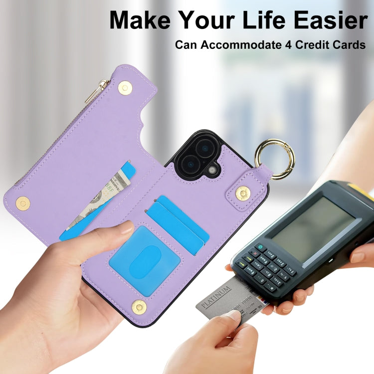 For iPhone 16 RFlD Anti-theft Double Buckle Ring Zipper Card Phone Case(Purple) - iPhone 16 Cases by buy2fix | Online Shopping UK | buy2fix