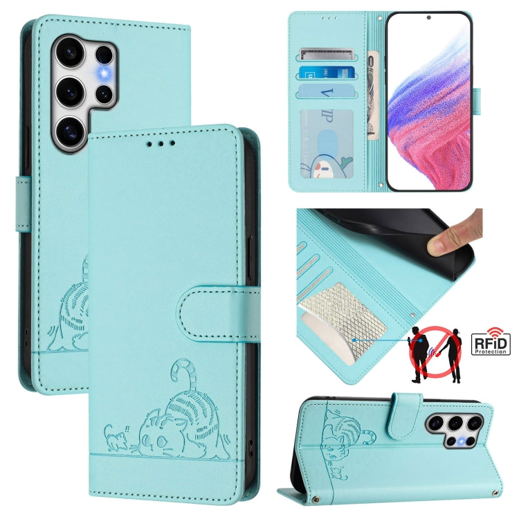 For Samsung Galaxy S25 Ultra 5G Cat Rat Embossed RFID Leather Phone Case with Lanyard(Mint Green) - Galaxy S25 Ultra 5G Cases by buy2fix | Online Shopping UK | buy2fix