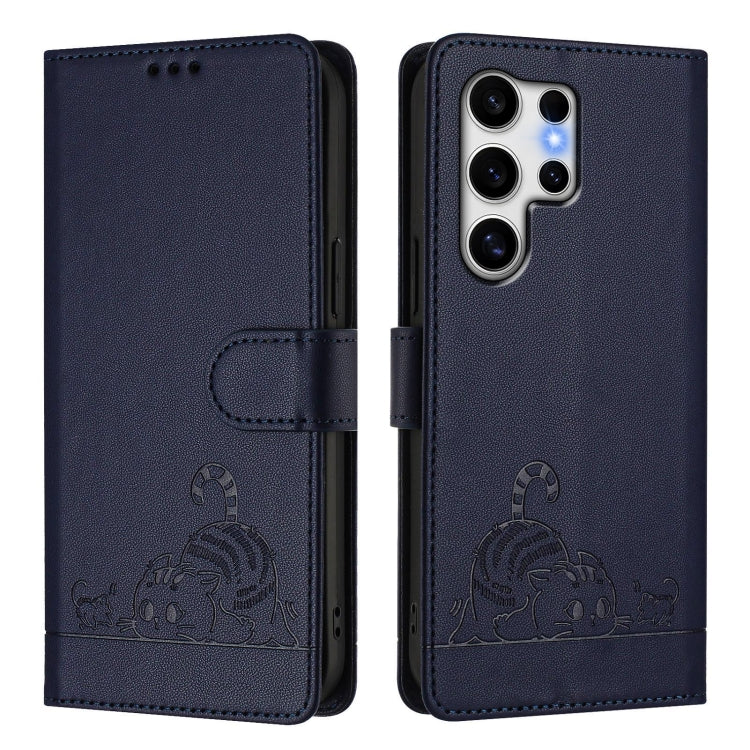 For Samsung Galaxy S25 Ultra 5G Cat Rat Embossed RFID Leather Phone Case with Lanyard(Blue) - Galaxy S25 Ultra 5G Cases by buy2fix | Online Shopping UK | buy2fix