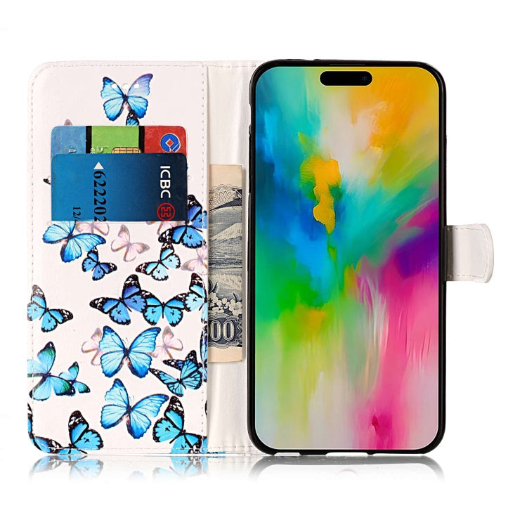 For iPhone 16 Pro Colored Drawing Marble Pattern Leather Phone Case(Little Blue Butterflies) - iPhone 16 Pro Cases by buy2fix | Online Shopping UK | buy2fix