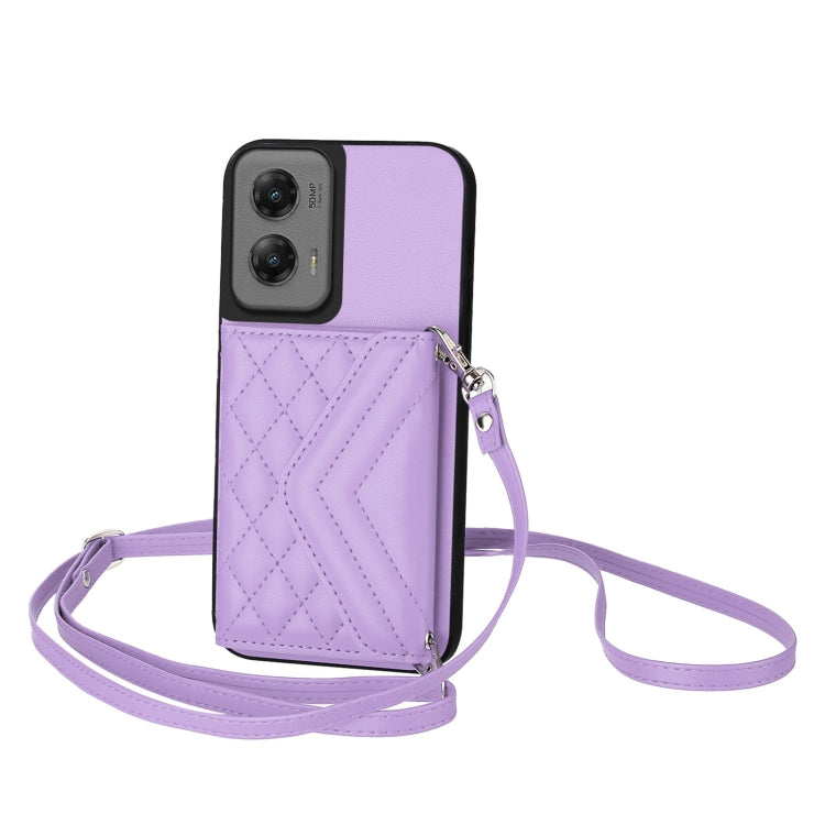 For Motorola Moto G Stylus 5G 2024 Rhombic Texture Card Bag RFID Phone Case with Long Lanyard(Light Purple) - Motorola Cases by buy2fix | Online Shopping UK | buy2fix