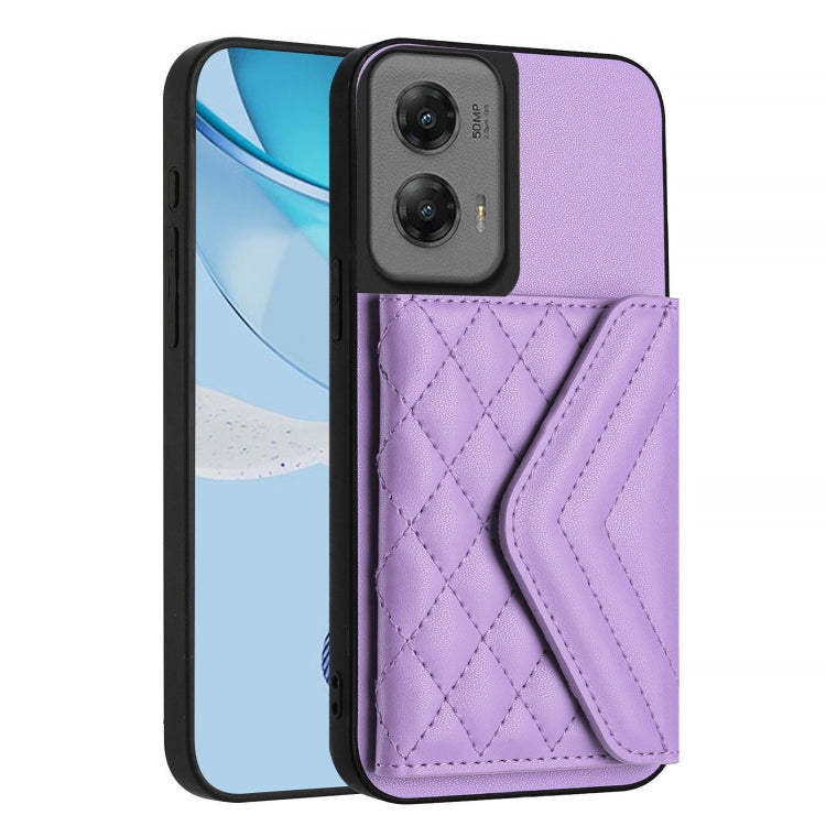 For Motorola Moto G Stylus 5G 2024 Rhombic Texture Card Bag RFID Phone Case with Long Lanyard(Light Purple) - Motorola Cases by buy2fix | Online Shopping UK | buy2fix