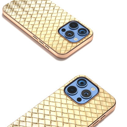 For iPhone 16 Pro Electroplated Frame Woven Texture PU Phone Case(Gold) - iPhone 16 Pro Cases by buy2fix | Online Shopping UK | buy2fix