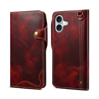 For iPhone 16 Denior B01 Oil Wax Cowhide Magnetic Button Genuine Leather Case(Red) - iPhone 16 Cases by Denior | Online Shopping UK | buy2fix