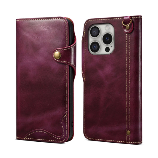 For iPhone 16 Pro Max Denior B01 Oil Wax Cowhide Magnetic Button Genuine Leather Case(Purple) - iPhone 16 Pro Max Cases by Denior | Online Shopping UK | buy2fix