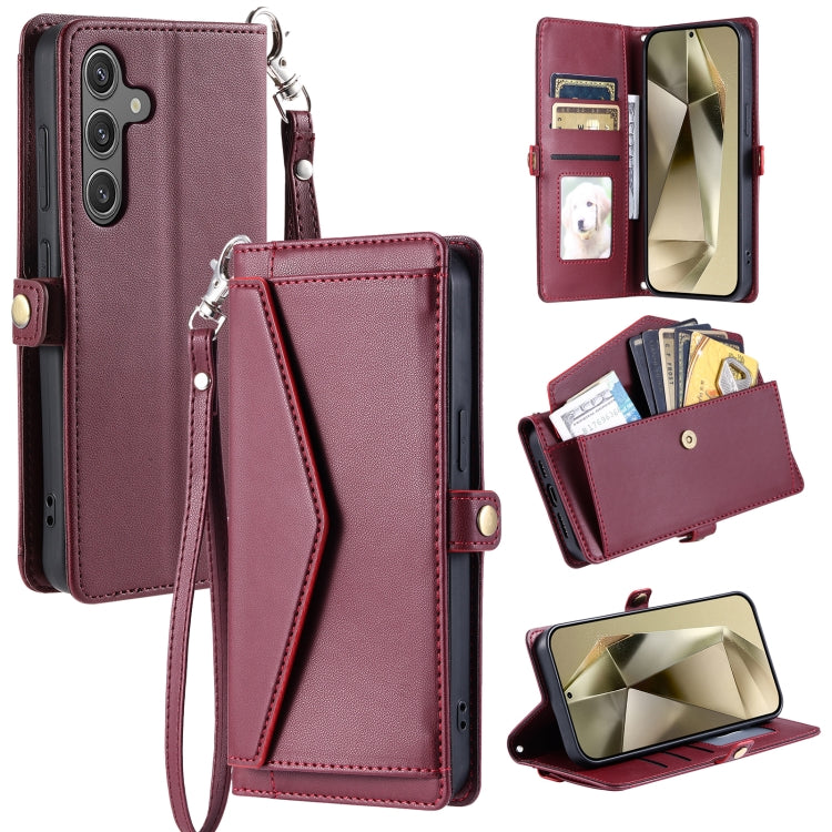 For Samsung Galaxy S25 5G Wallet Multi-card Slot Leather Phone Case with Lanyard(Wine Red) - Galaxy S25 5G Cases by buy2fix | Online Shopping UK | buy2fix