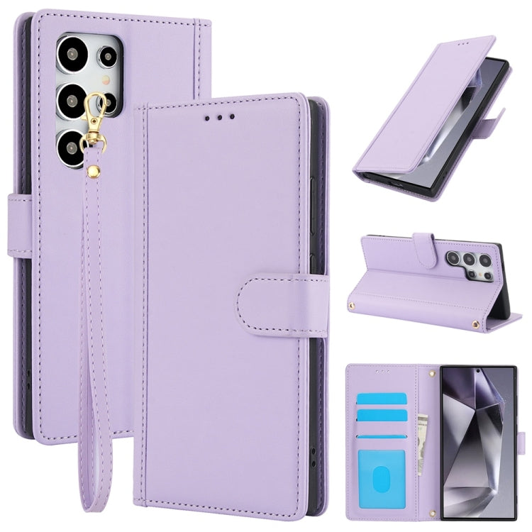 For Samsung Galaxy S25 Ultra 5G Skin Feel Pure Color Card Slots Leather Phone Case with Dual Lanyard(Purple) - Galaxy S25 Ultra 5G Cases by buy2fix | Online Shopping UK | buy2fix