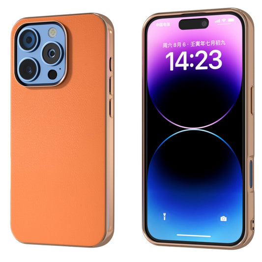 For iPhone 16 Pro Max PU Leather Electroplating Frame Full Coverage Phone Case(Orange) - iPhone 16 Pro Max Cases by buy2fix | Online Shopping UK | buy2fix