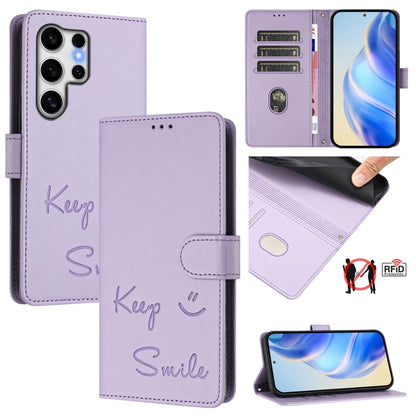 For Samsung Galaxy S25 Ultra 5G Smile Embossing RFID Leather Phone Case(Light Purple) - Galaxy S25 Ultra 5G Cases by buy2fix | Online Shopping UK | buy2fix