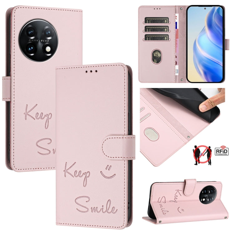 For OnePlus 11 Smile Embossing RFID Leather Phone Case(Pink) - OnePlus Cases by buy2fix | Online Shopping UK | buy2fix