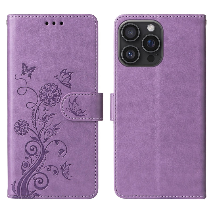 For iPhone 16 Pro Max Embossed Butterfly Flowers Leather Phone Case(Purple) - iPhone 16 Pro Max Cases by buy2fix | Online Shopping UK | buy2fix