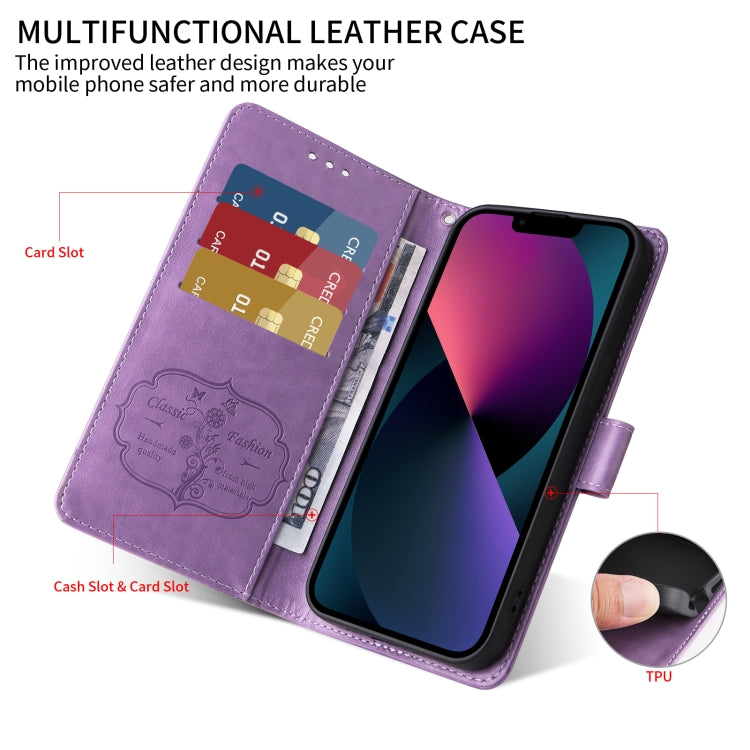 For iPhone 16 Pro Max Embossed Butterfly Flowers Leather Phone Case(Purple) - iPhone 16 Pro Max Cases by buy2fix | Online Shopping UK | buy2fix