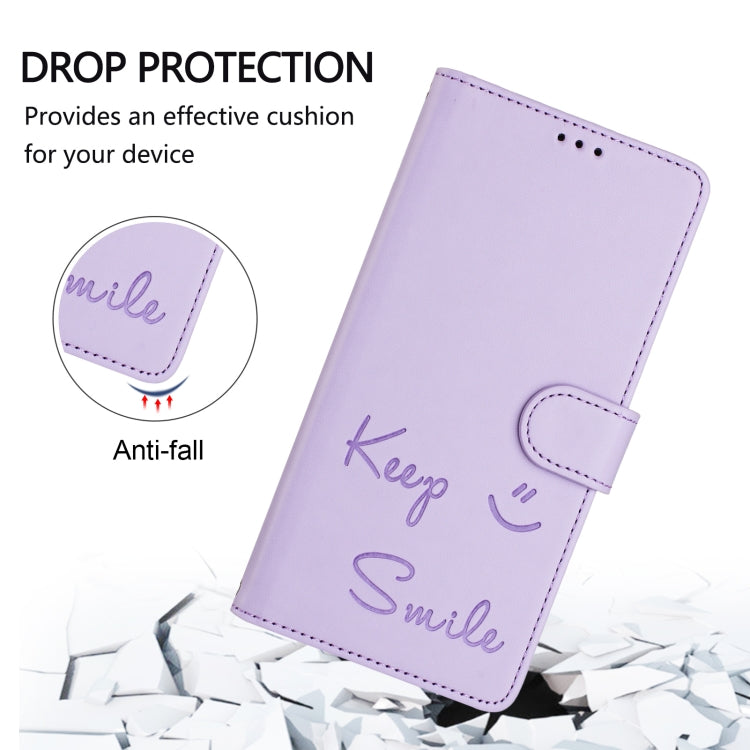 For Motorola Moto G Play 5G 2024 Global Smile Embossing RFID Leather Phone Case(Light Purple) - Motorola Cases by buy2fix | Online Shopping UK | buy2fix