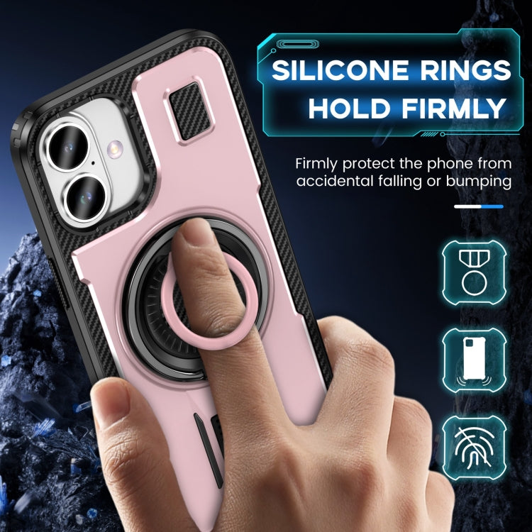 For iPhone 16 Ring Holder Carbon Fiber PC Hybrid TPU Phone Case(Rose Gold) - iPhone 16 Cases by buy2fix | Online Shopping UK | buy2fix